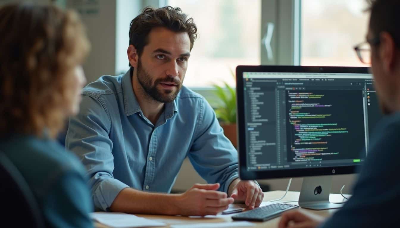 A casually dressed man leads a team meeting discussing a Kubernetes deployment issue in a cluttered office. Code review meeting discussing software development and programming best practices for Optima.