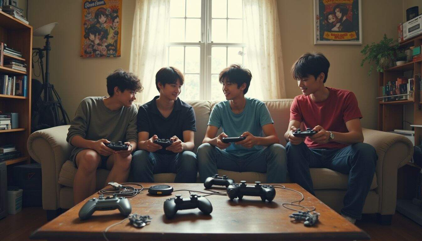 Gaming friends playing video games on a couch with game controllers and consoles.