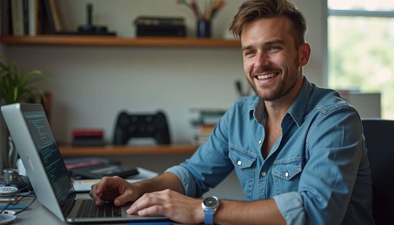 Happy man working on a laptop in a modern home office, coding or programming, smiling, casual denim shirt, bright and well-lit workspace, technology, remote work, freelance, digital workspace, geekextreme.