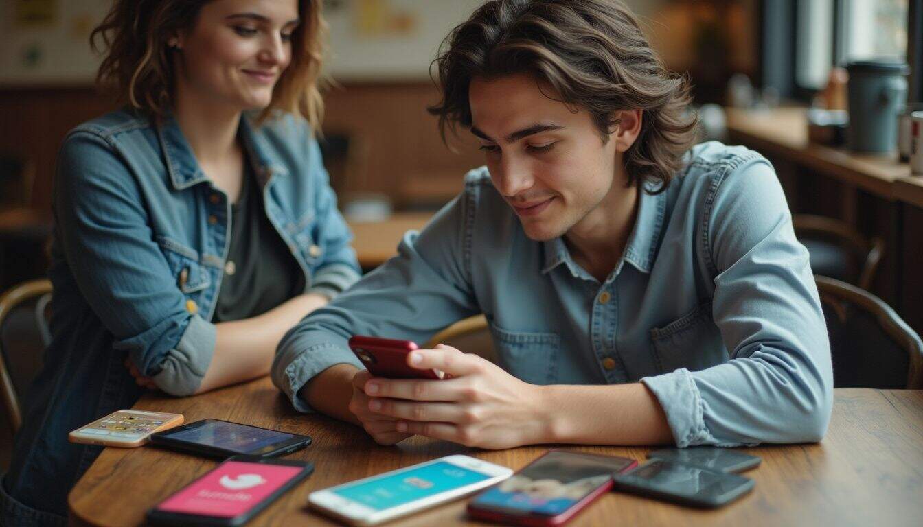 Young man using smartphone with multiple social media apps on table, casual cafe setting, happy and engaged.