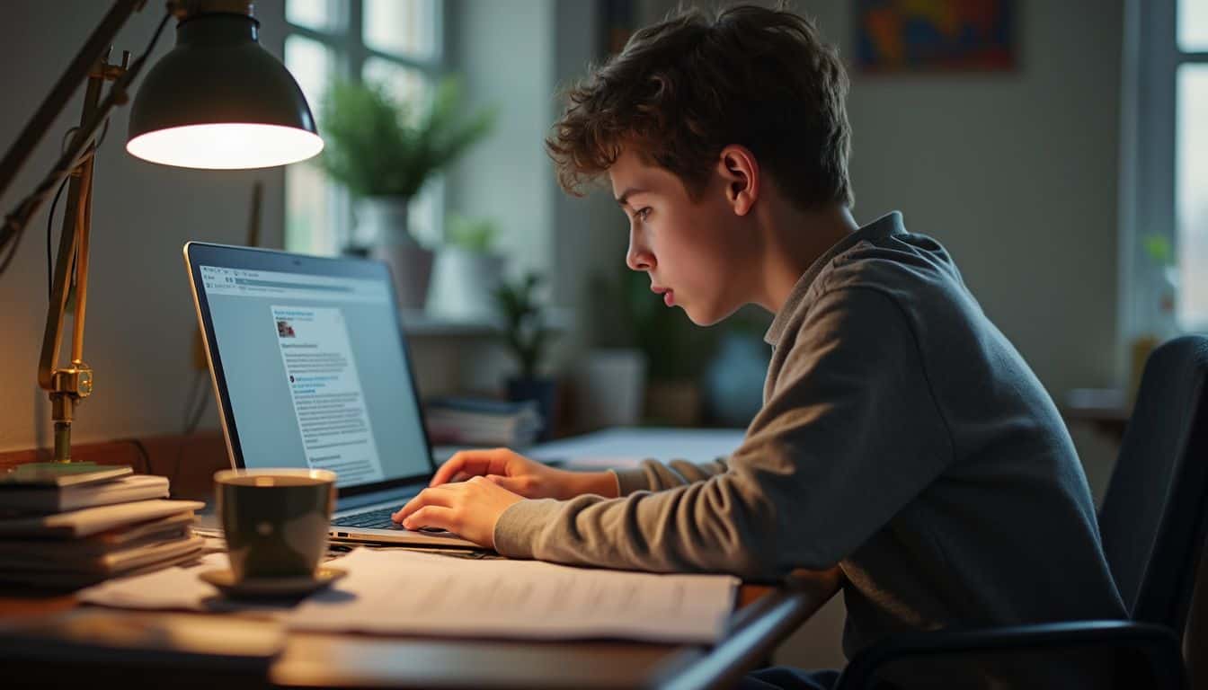Young man studying at a desk with a laptop in a cozy home office, surrounded by books, a coffee mug, and a desk lamp, focusing intently on online research or homework.