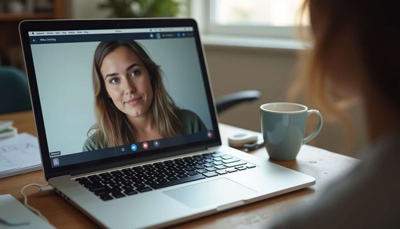 Female online video call with woman on laptop screen, remote communication, virtual meeting, digital collaboration, working from home, modern technology, remote work, online chatting, internet communication, professional digital interaction.