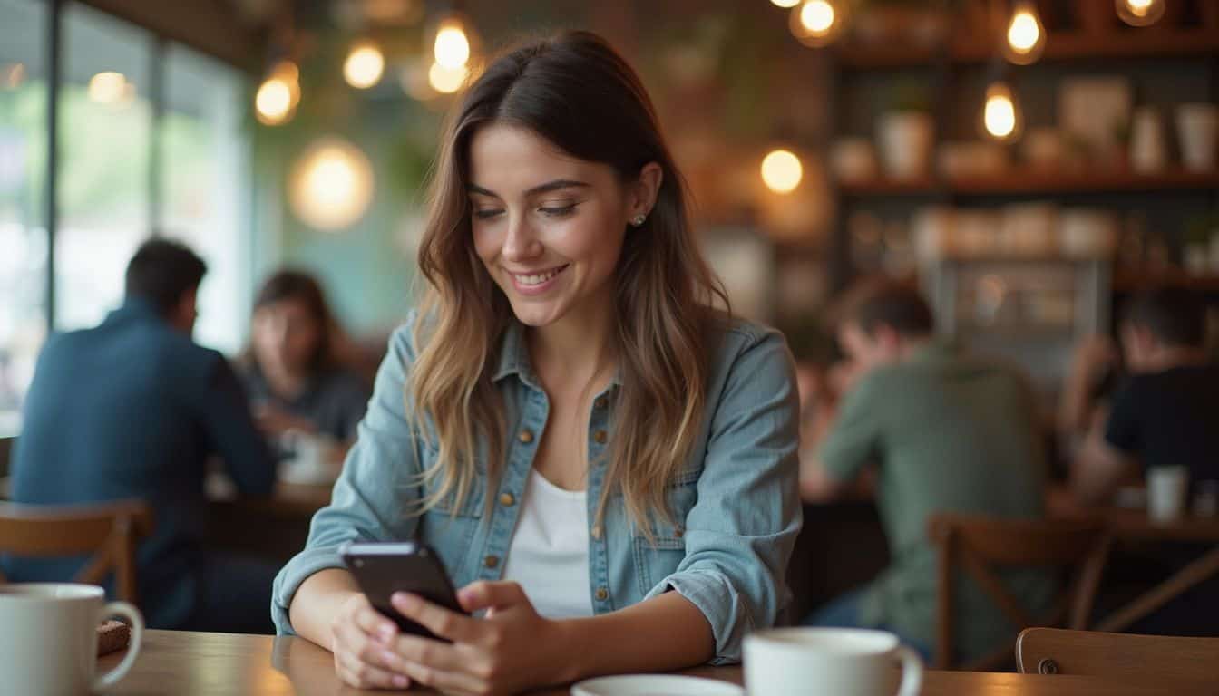 Happy young woman using a smartphone at a cafe, smiling while browsing, with warm ambient lighting and a modern cozy atmosphere.