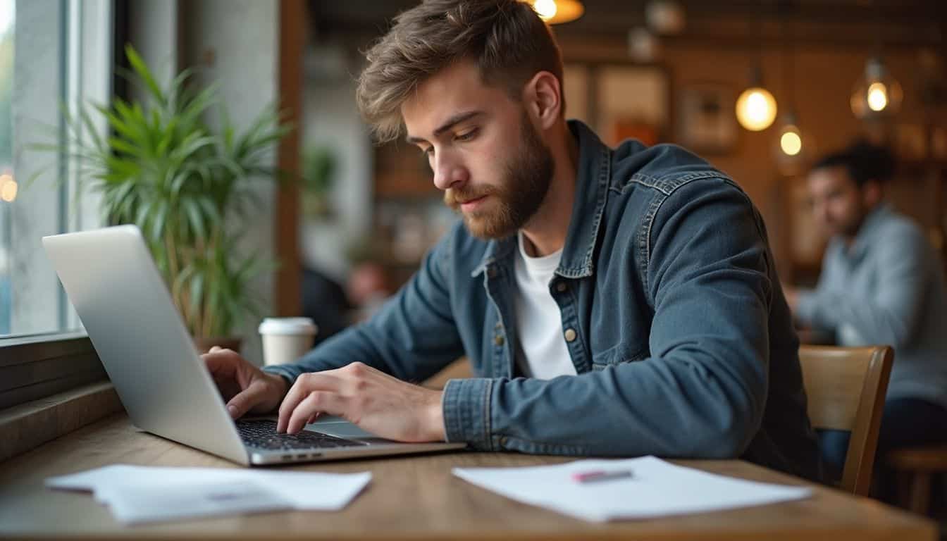Young man working on laptop in cozy cafe setting, focused on screen, with natural light and greenery, ideal for tech and lifestyle enthusiasts.