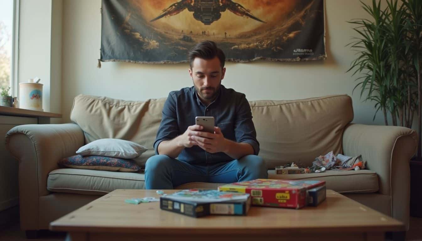 Young man playing with a smartphone sitting on a cozy beige couch with various board games and toys on the table, indoors with natural light, modern home relaxation, casual gaming, leisure activity, GeekExtreme themed content.
