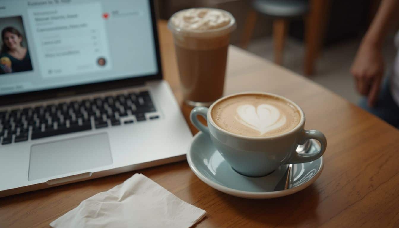 Coffee with latte art in a white cup on a wooden table beside a laptop and a glass of iced coffee, creating a cozy workspace atmosphere.