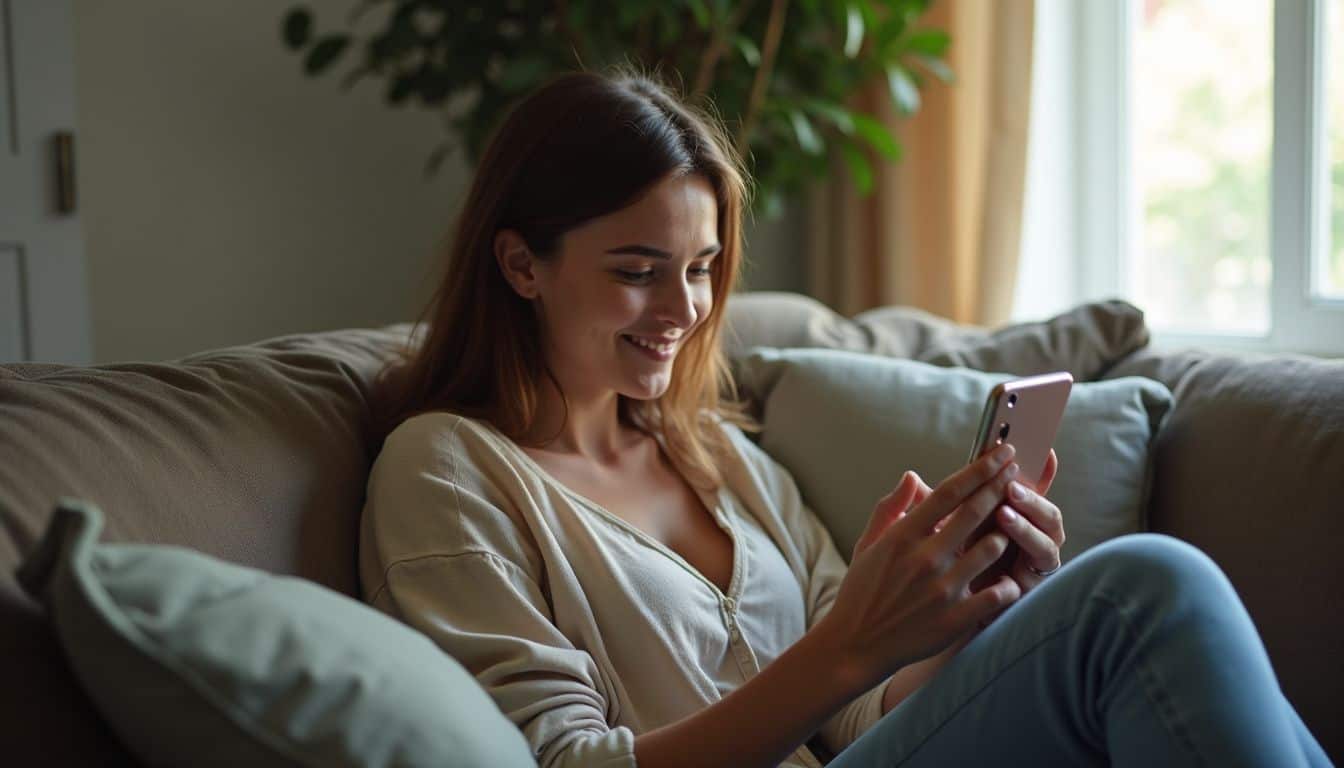 Girl using smartphone on couch, relaxed at home.