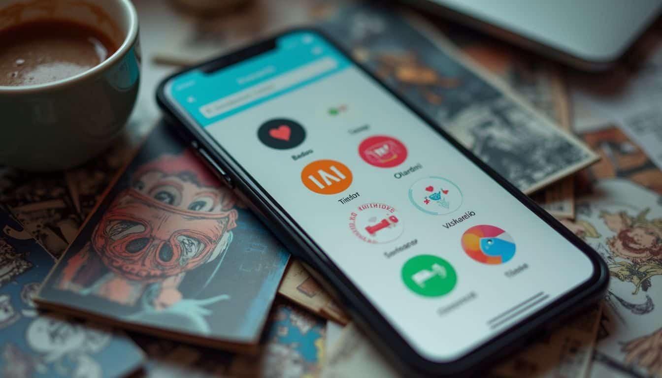 LinkedIn logo on smartphone screen surrounded by comic-style art and cash.