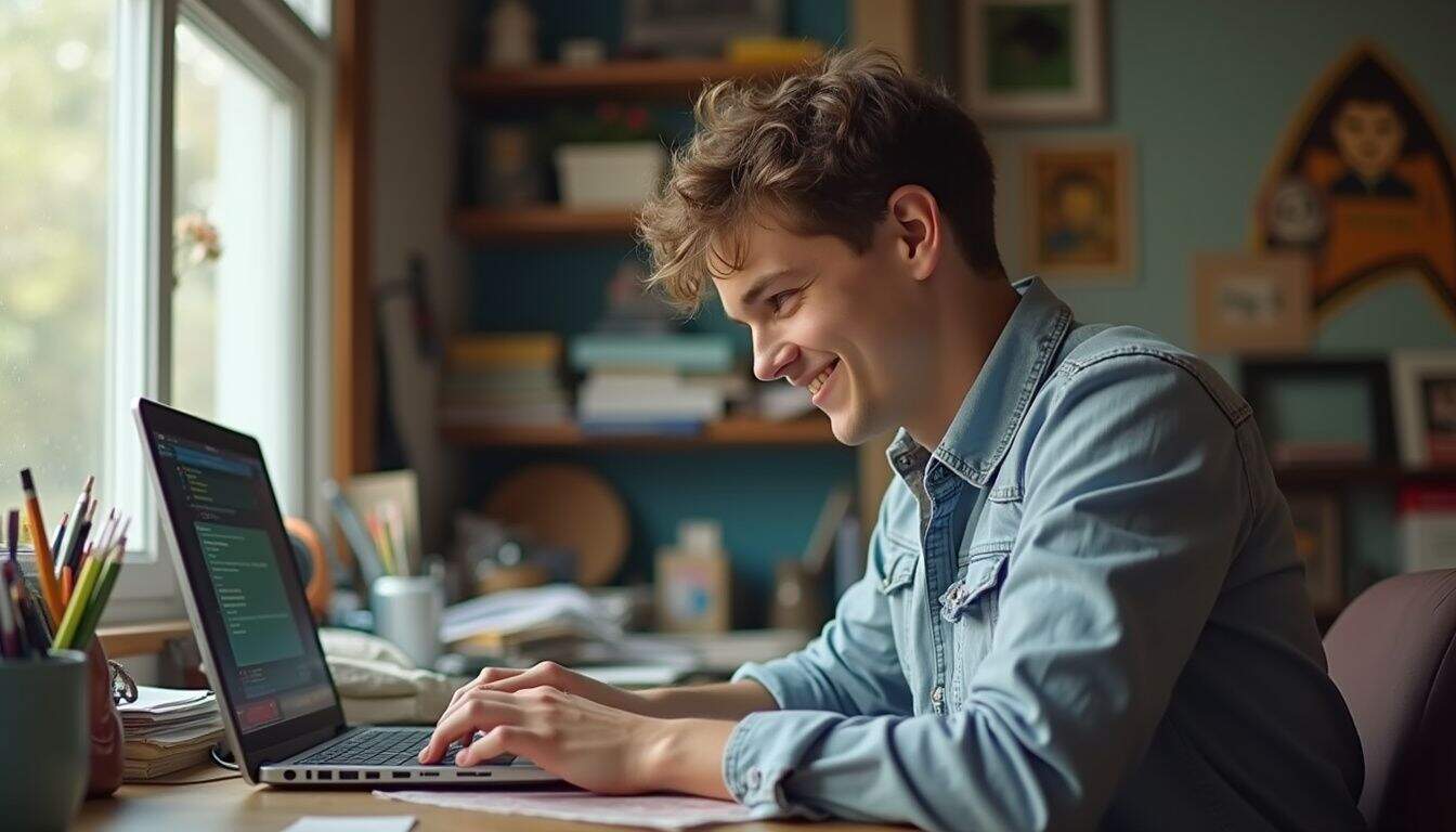 Young man working or gaming on a laptop at a cozy home desk, surrounded by desk supplies and decorated wall, emphasizing productivity, technology, and comfortable workspace.