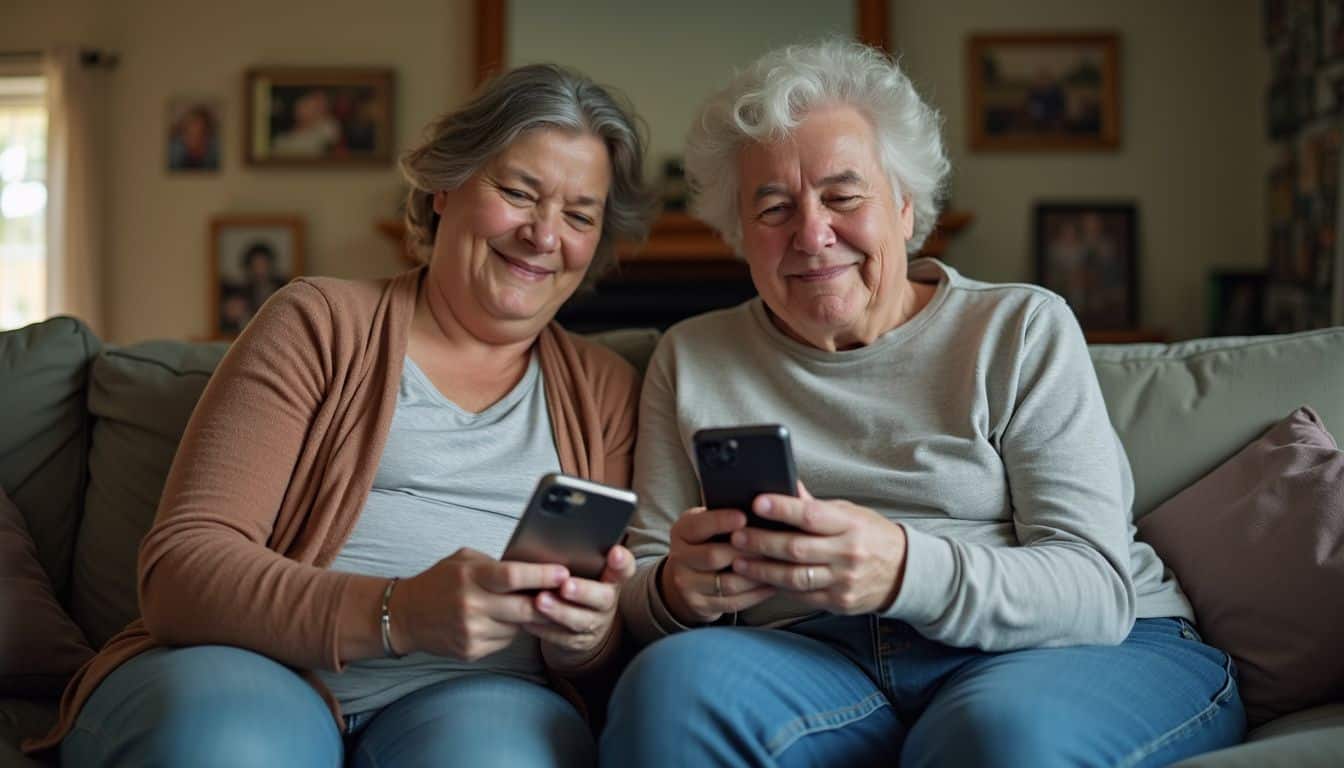 Smiling elderly women using smartphones together on a cozy living room sofa.