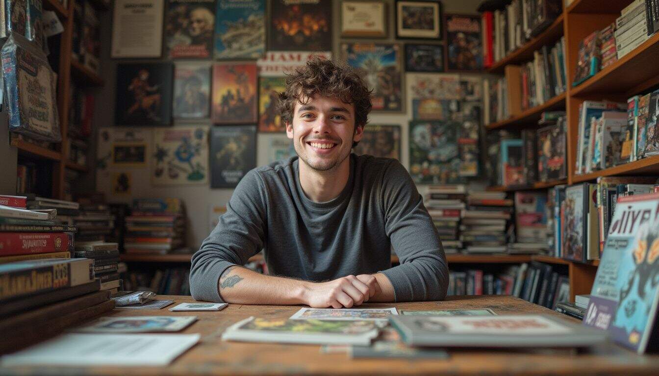 Colorful comic books and graphic novels on shelves and a smiling young man with curly hair sitting at a wooden table in a comic book store.