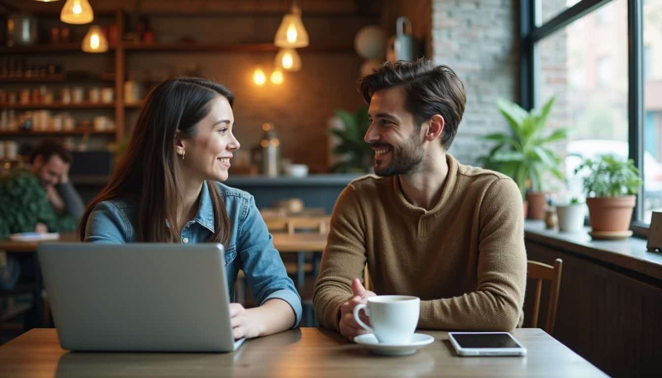 Smiling young woman and man having a friendly conversation over coffee in a cozy cafe with large windows and indoor plants.