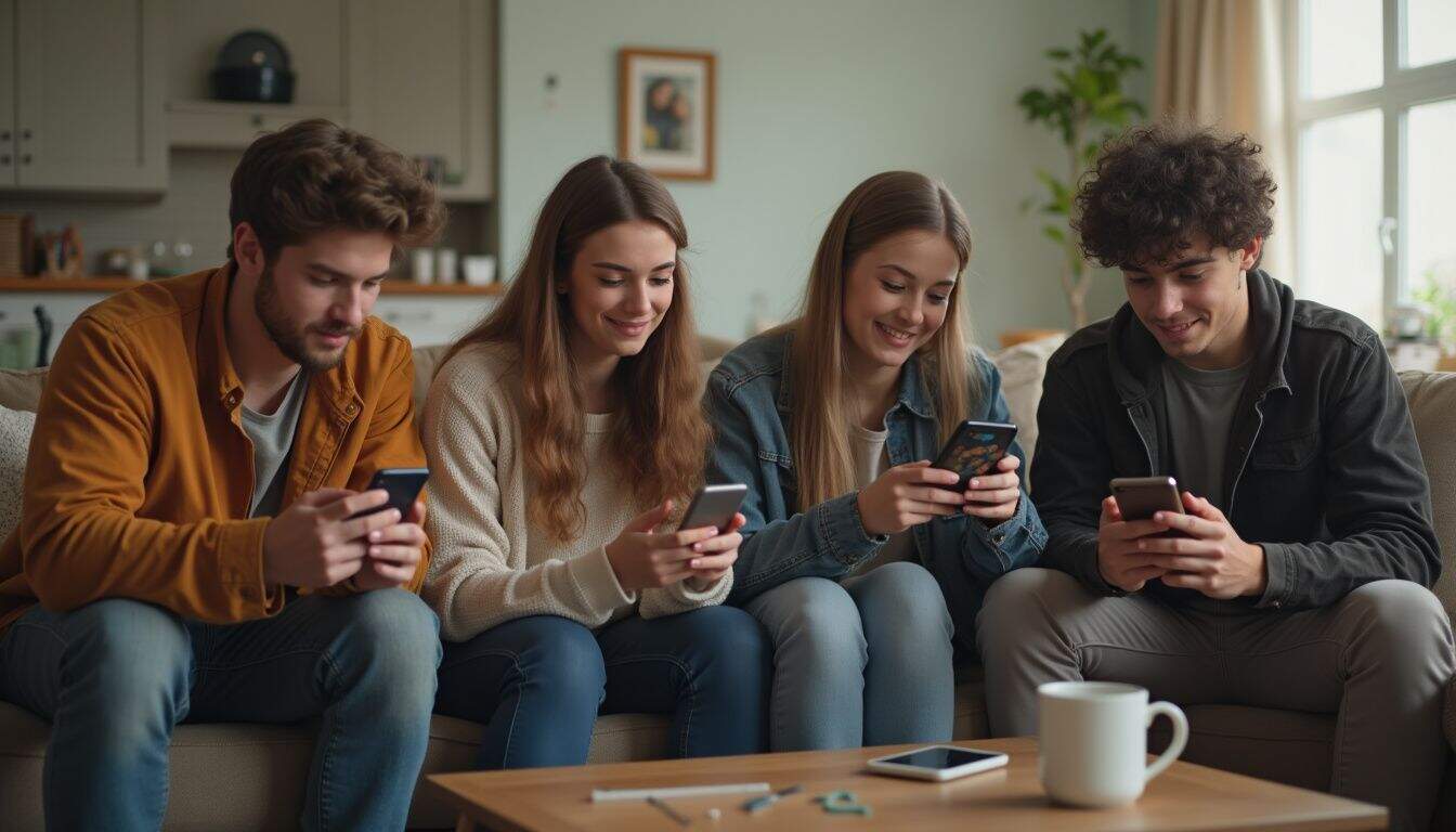 Young adults using smartphones on a cozy sofa in a modern living room, engaging with social media and tech gadgets, showcasing digital lifestyle and connectivity.