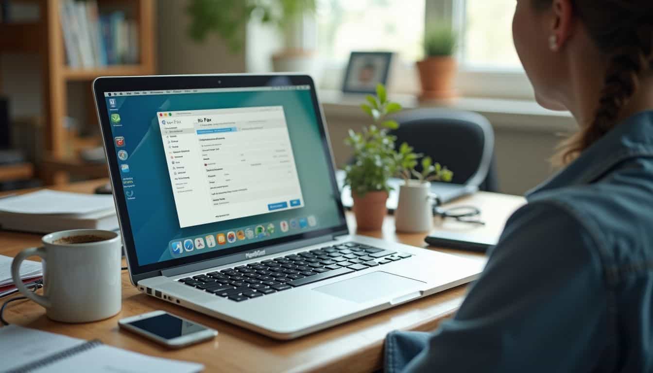 A casual home office scene features a laptop, coffee mug, potted plant, and a smartphone among everyday clutter. A casual home office scene features a laptop, coffee mug, potted plant, and a smartphone among everyday clutter.