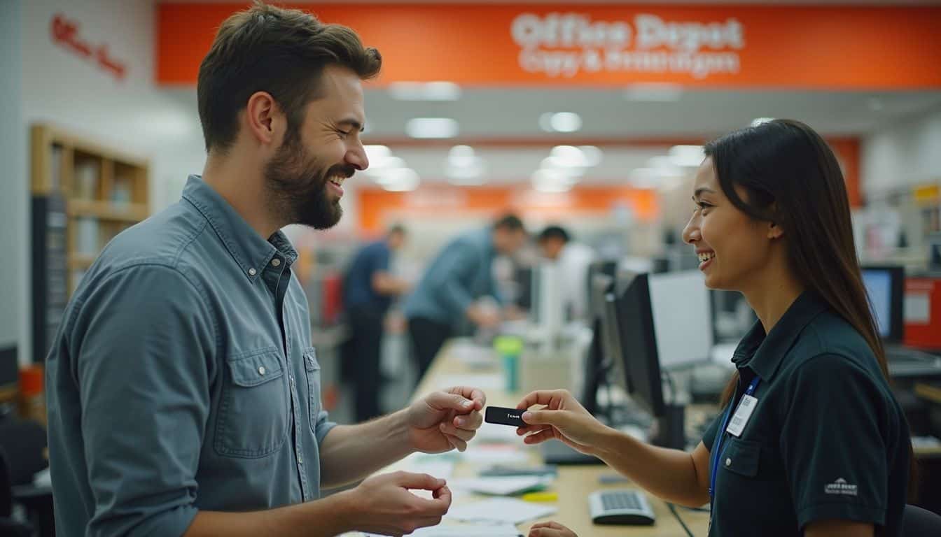 A man hands a flash drive to a store employee at an Office Depot Copy and Printing Center. A man hands a flash drive to a store employee at an Office Depot Copy and Printing Center.