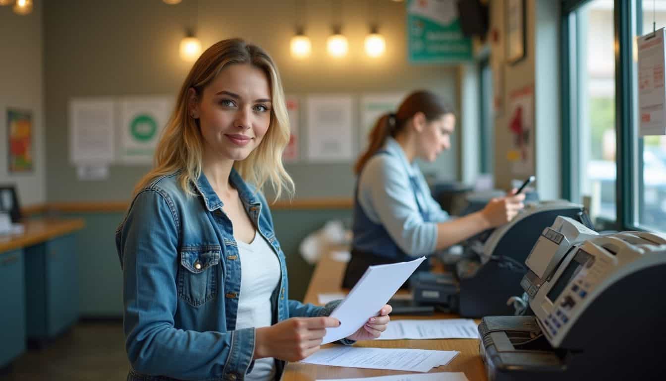 A woman in comfortable clothes interacts with a bank teller while holding papers near a fax machine. A woman in comfortable clothes interacts with a bank teller while holding papers near a fax machine.