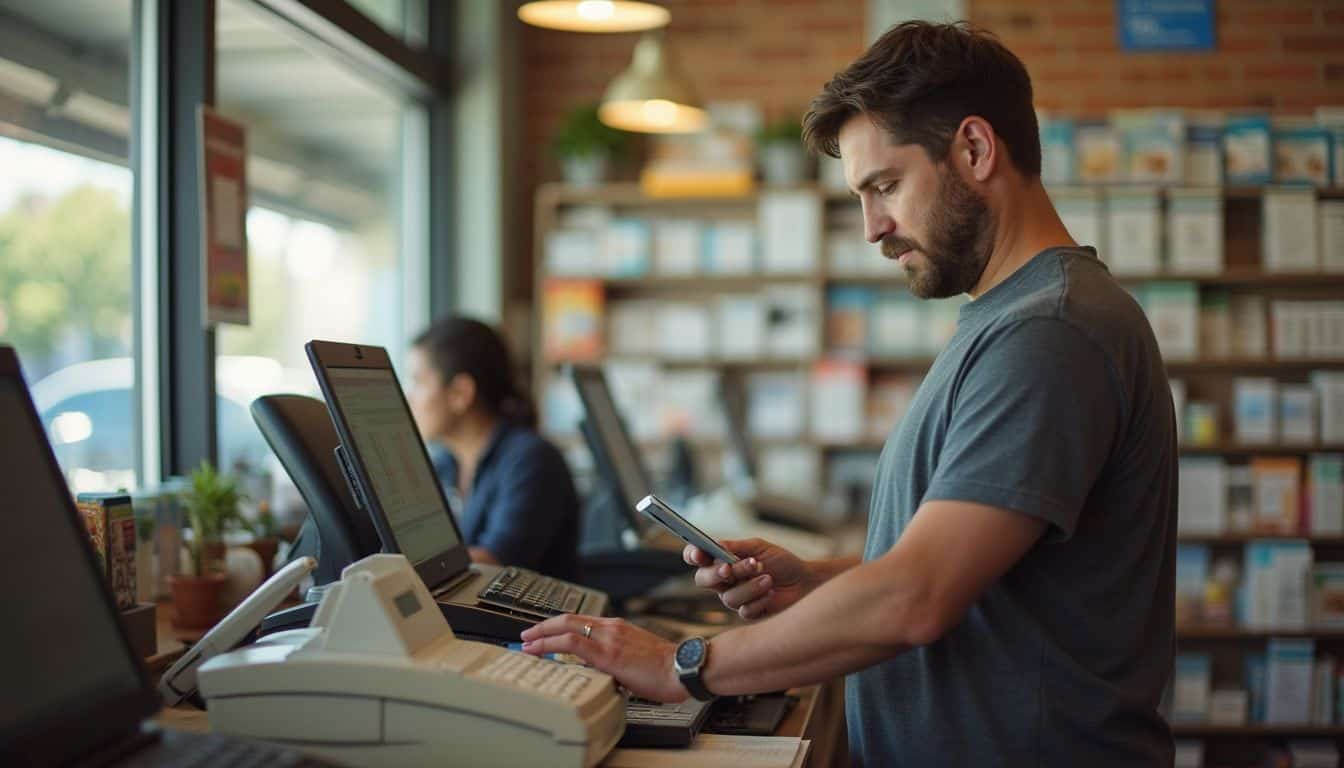A casually dressed man in his 30s stands while sending a fax at a busy UPS Store. A casually dressed man in his 30s stands while sending a fax at a busy UPS Store.