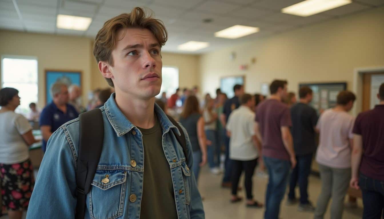 A young adult stands in a bustling community center, looking puzzled as they search for a fax machine. A young adult stands in a bustling community center, looking puzzled as they search for a fax machine.
