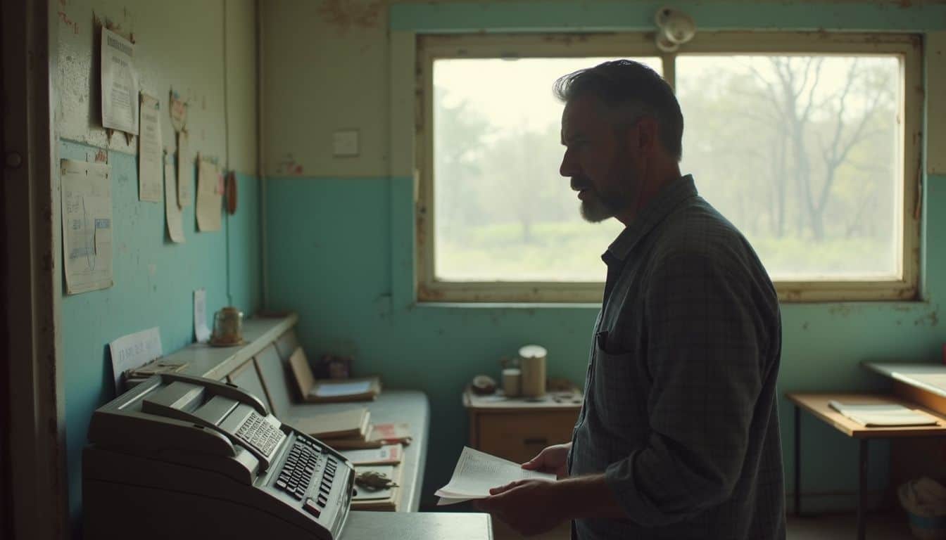 A man in his late 30s stands uncertainly by an old fax machine in a small, cluttered post office. A man in his late 30s stands uncertainly by an old fax machine in a small, cluttered post office.