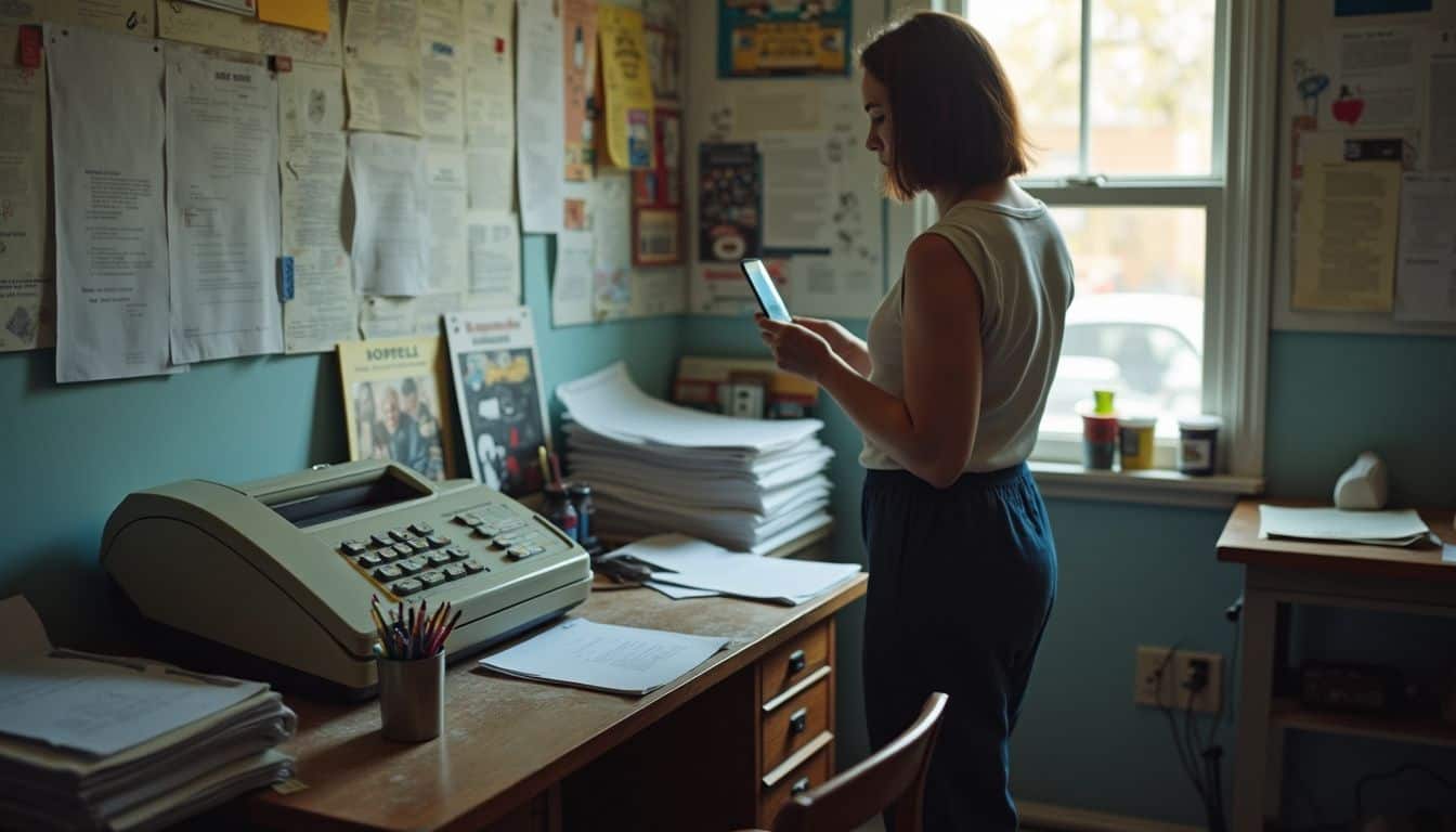 A bustling neighborhood print shop features an old fax machine and scattered office supplies in a lived-in atmosphere. A bustling neighborhood print shop features an old fax machine and scattered office supplies in a lived-in atmosphere.