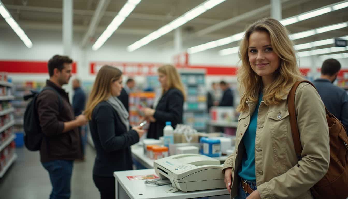 A candid snapshot of a busy Staples store featuring a fax machine and shoppers browsing office supplies. A candid snapshot of a busy Staples store featuring a fax machine and shoppers browsing office supplies.