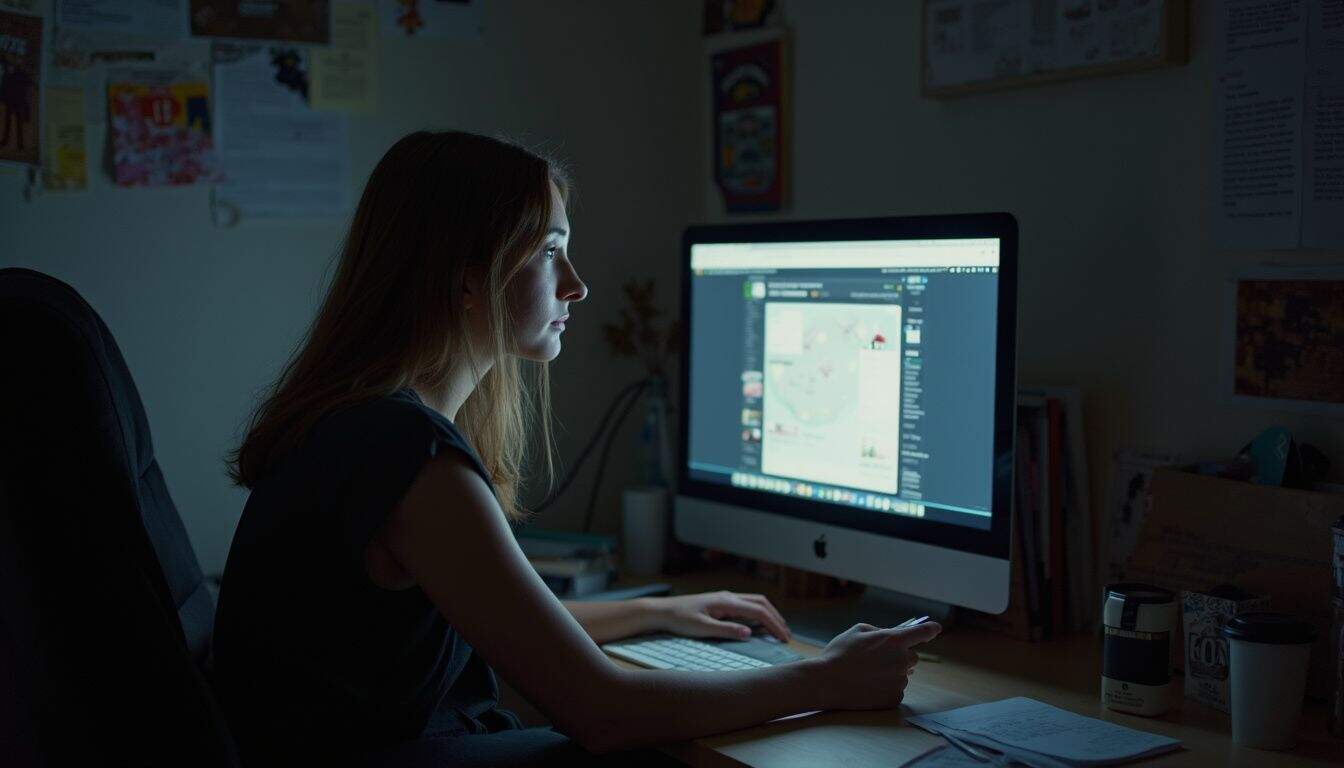 A woman in her 30s casually works at a cluttered desk late at night, focused on her computer. A woman in her 30s casually works at a cluttered desk late at night, focused on her computer.