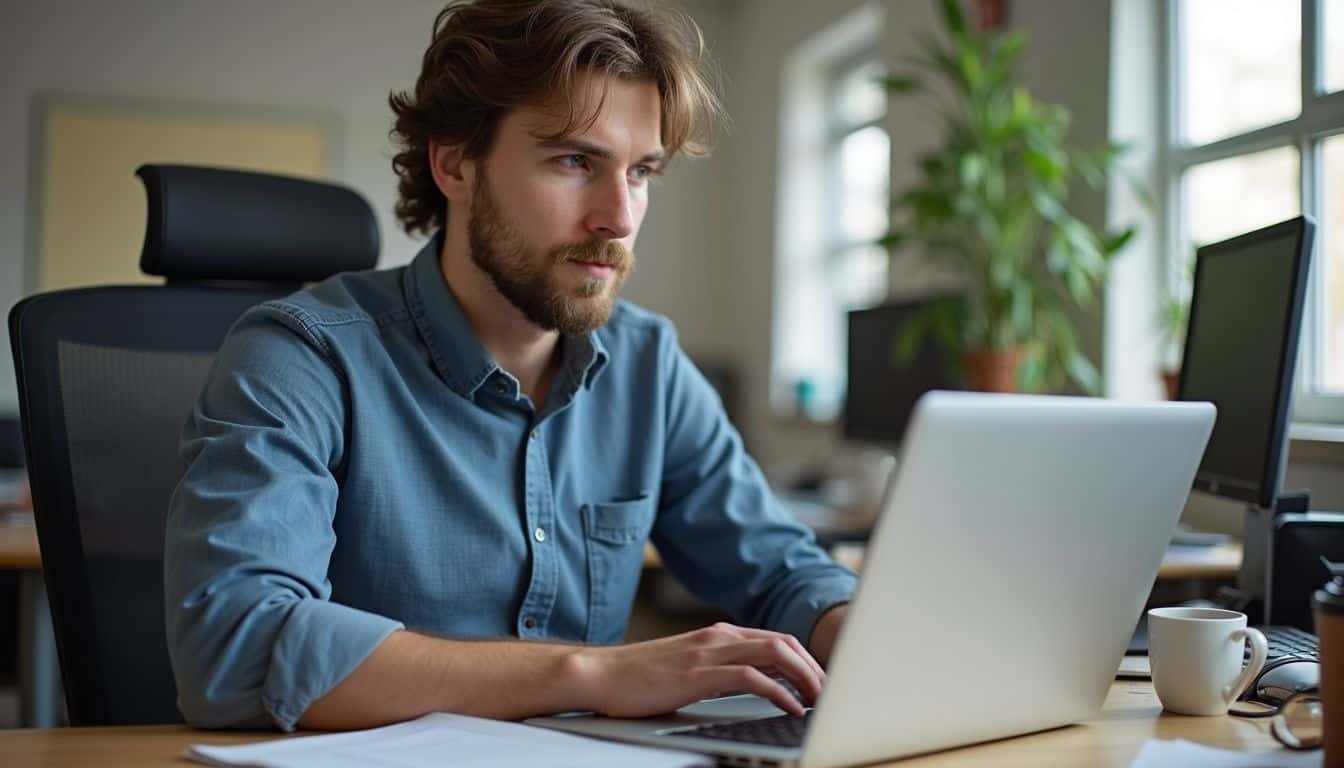 A guy in his late 20s is focused on sending a fax at a cluttered shared workspace desk. A guy in his late 20s is focused on sending a fax at a cluttered shared workspace desk.