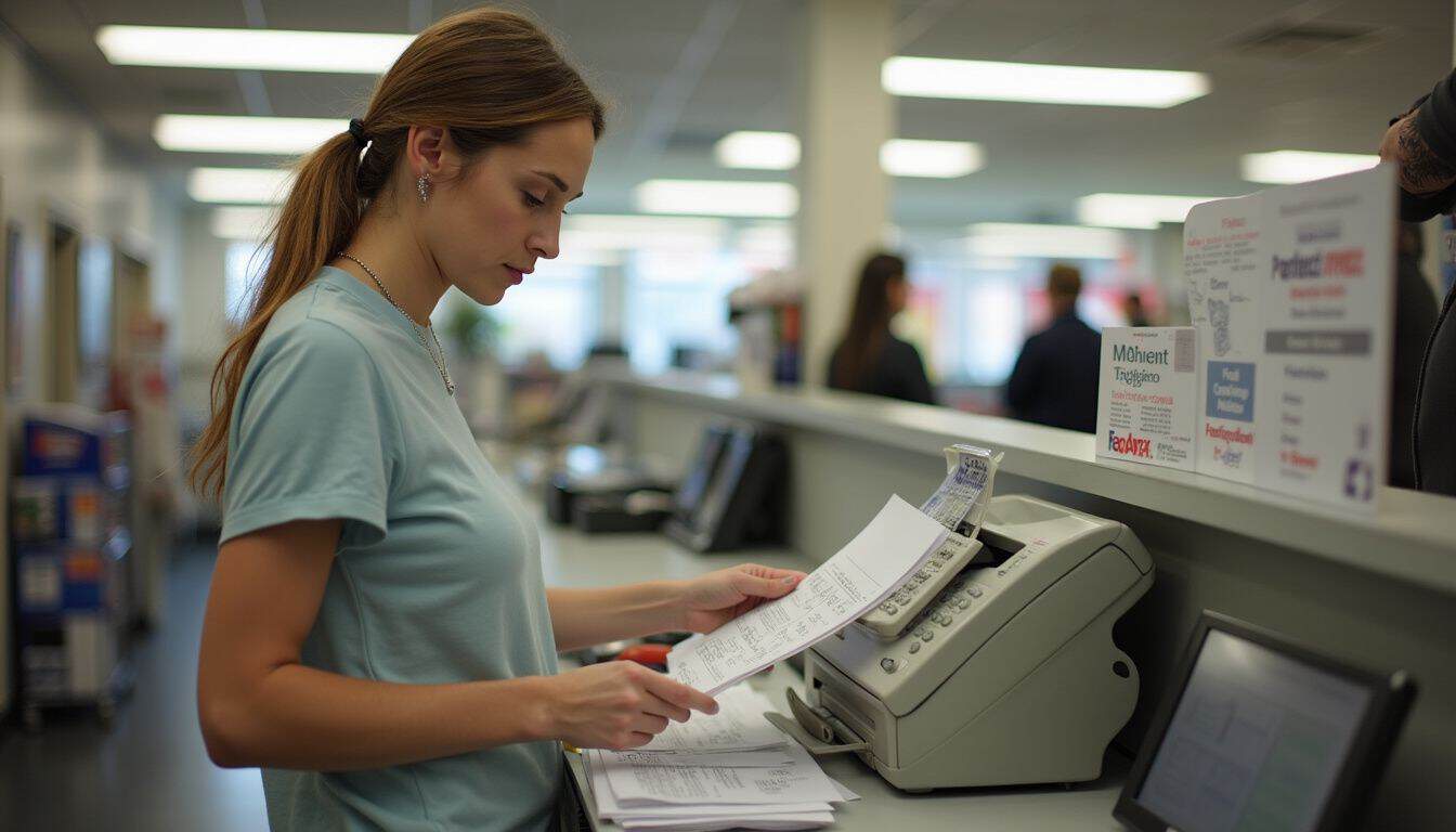 A woman in her 30s uses a fax machine at a busy FedEx Office. A woman in her 30s uses a fax machine at a busy FedEx Office.