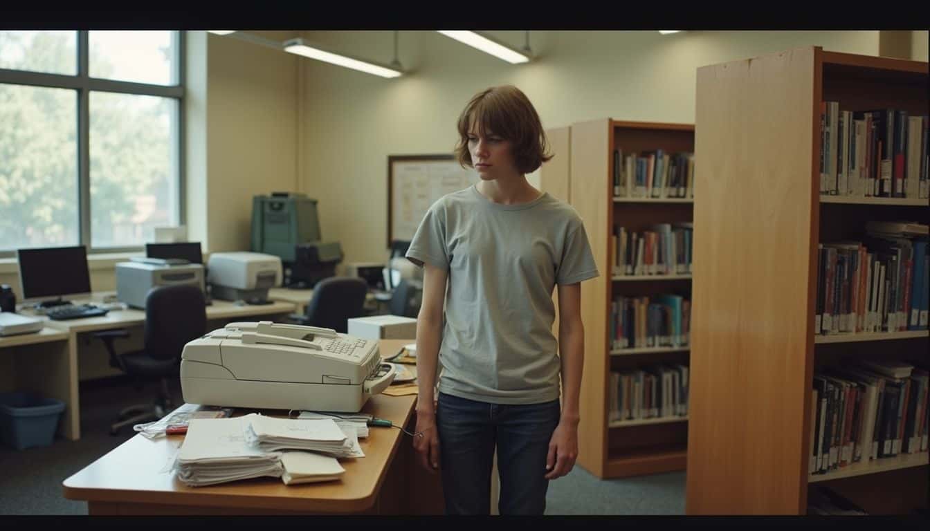 A cluttered library corner features a fax machine, card catalog, and a casually dressed person amidst printers and computers. A cluttered library corner features a fax machine, card catalog, and a casually dressed person amidst printers and computers.
