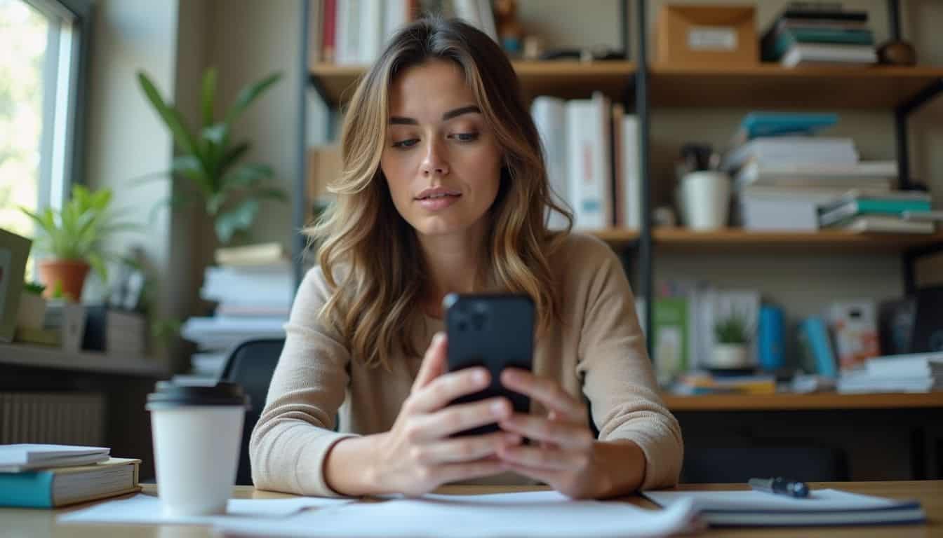 A woman in her 30s casually sends a secure online fax from her cluttered office desk. A woman in her 30s casually sends a secure online fax from her cluttered office desk.