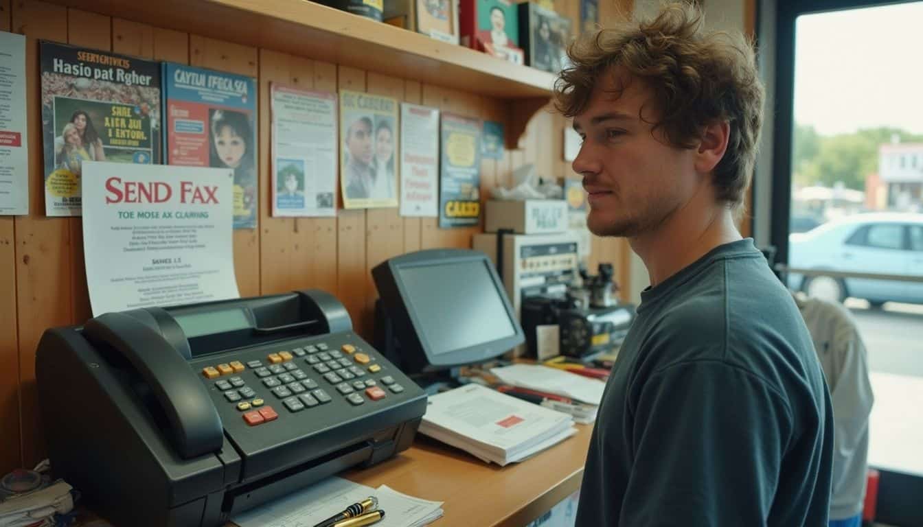 A casual snapshot of a cluttered convenience store corner featuring a fax machine and a relaxed person nearby. A casual snapshot of a cluttered convenience store corner featuring a fax machine and a relaxed person nearby.