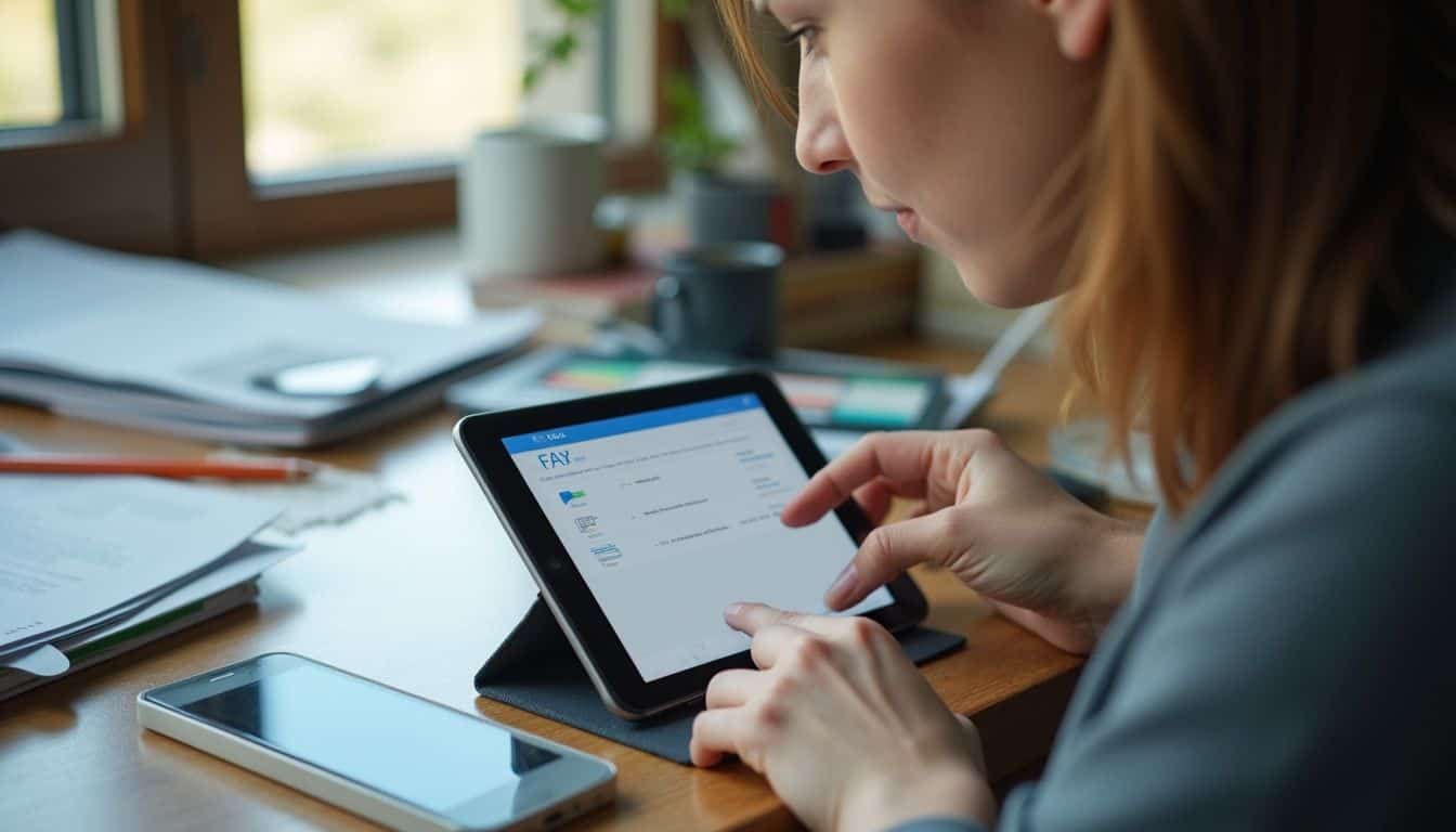 A relaxed person sits at a cluttered desk, engaging with a tablet and smartphone amidst everyday work items. A relaxed person sits at a cluttered desk, engaging with a tablet and smartphone amidst everyday work items.