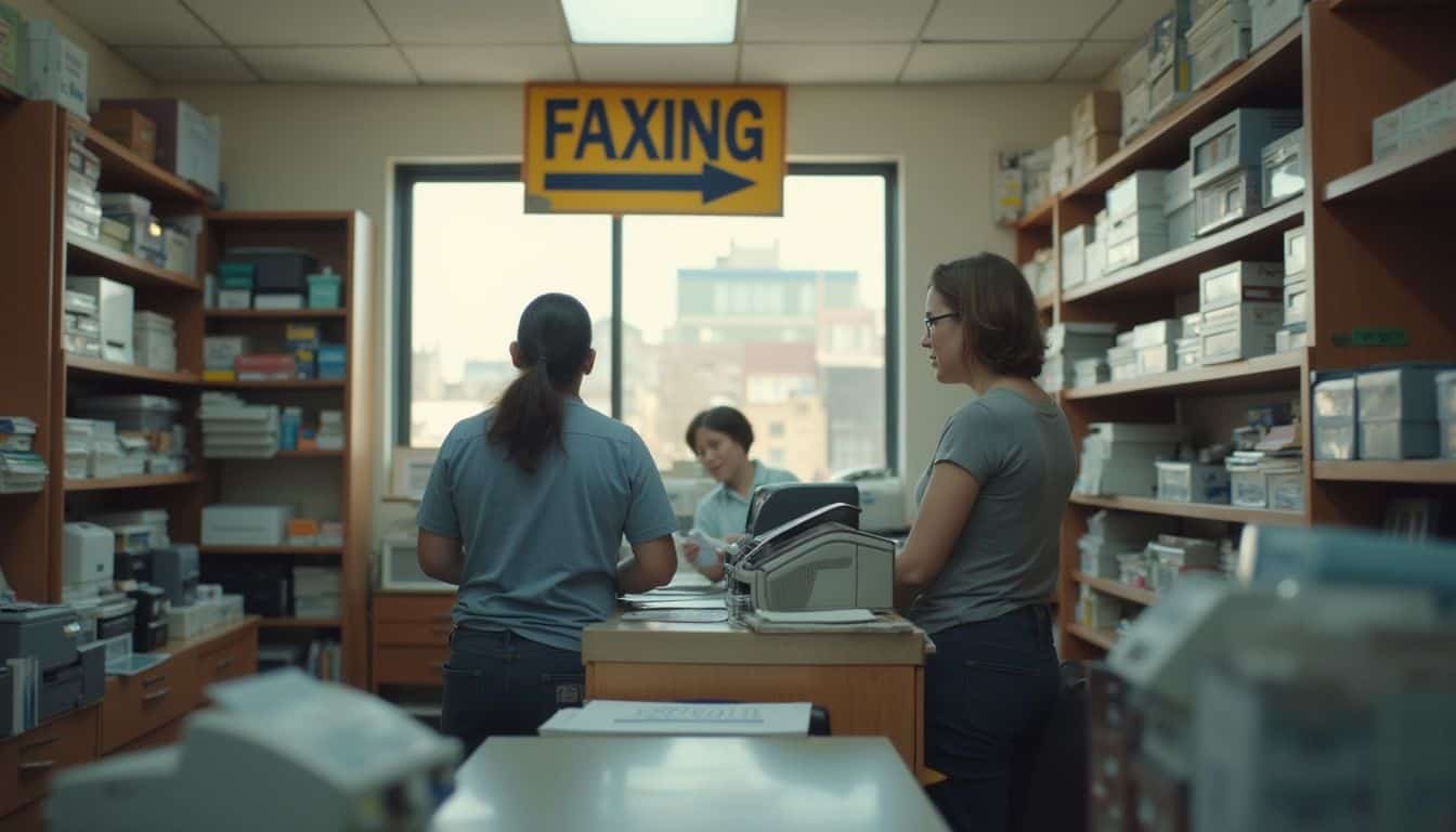 A casual office supply store scene featuring a worn faxing sign, cluttered shelves, and friendly customer service. A casual office supply store scene featuring a worn faxing sign, cluttered shelves, and friendly customer service.