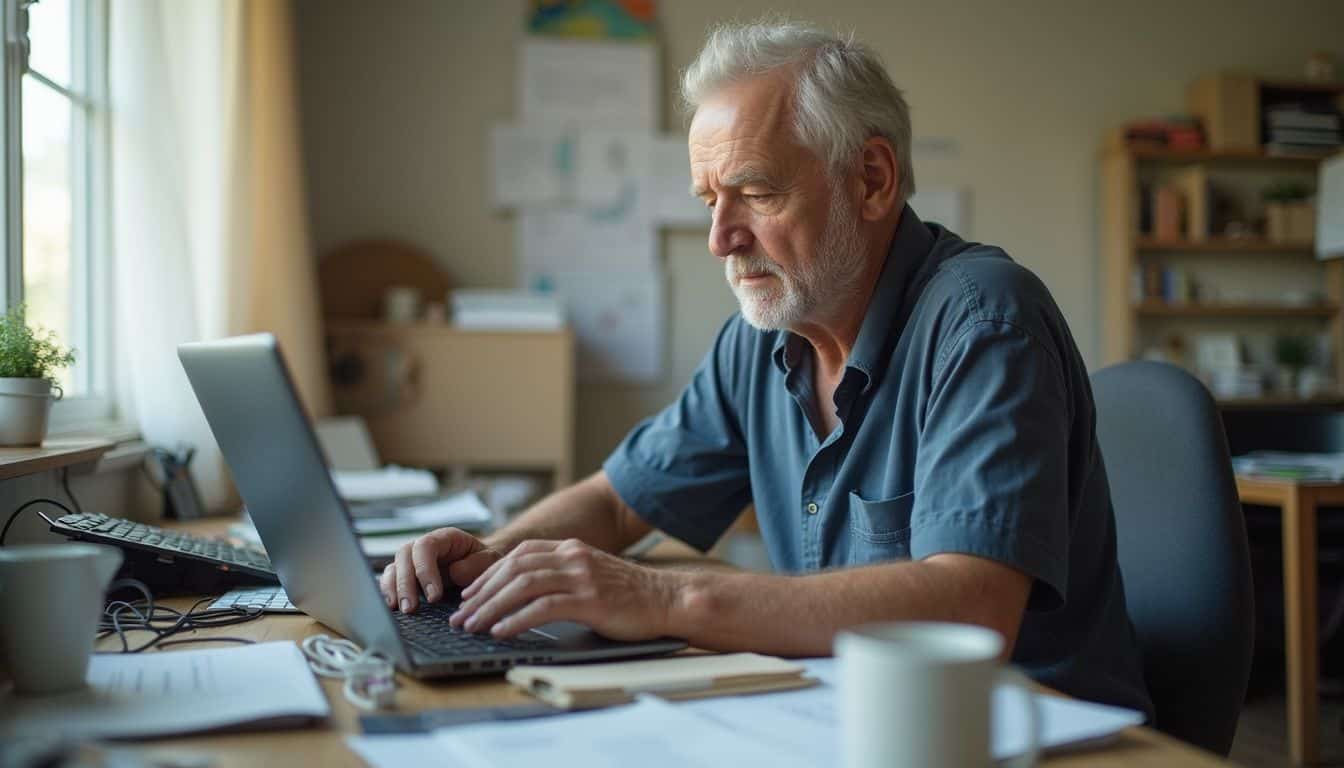 A middle-aged man works at a cluttered home office desk, focused on his laptop and managing online tasks. A middle-aged man works at a cluttered home office desk, focused on his laptop and managing online tasks.