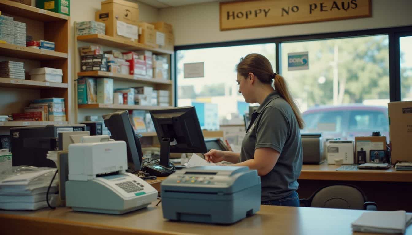A busy shipping and printing store features cluttered counters, fax machines, and a relaxed cashier amidst everyday office supplies. A busy shipping and printing store features cluttered counters, fax machines, and a relaxed cashier amidst everyday office supplies.