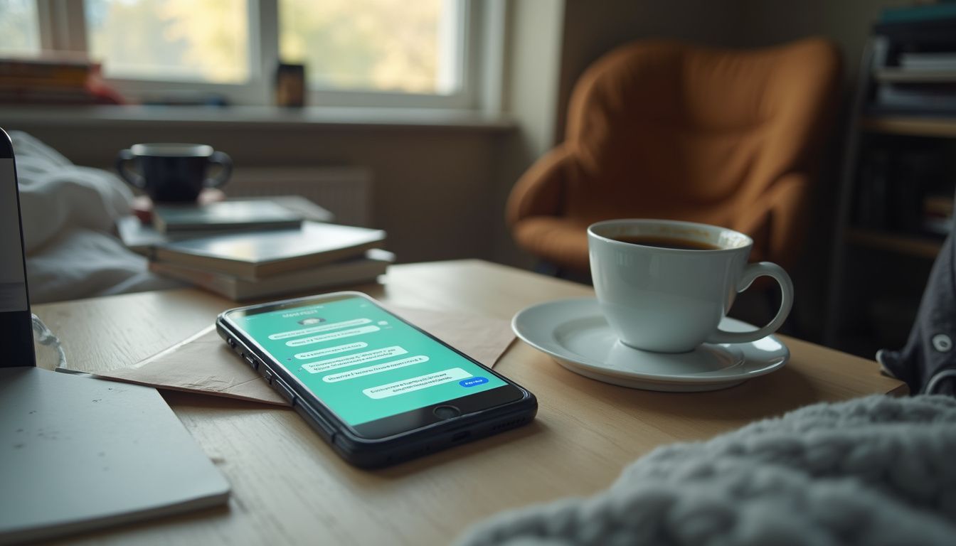 Pixel phone displaying chat message, coffee cup, books, and cozy home office scene.