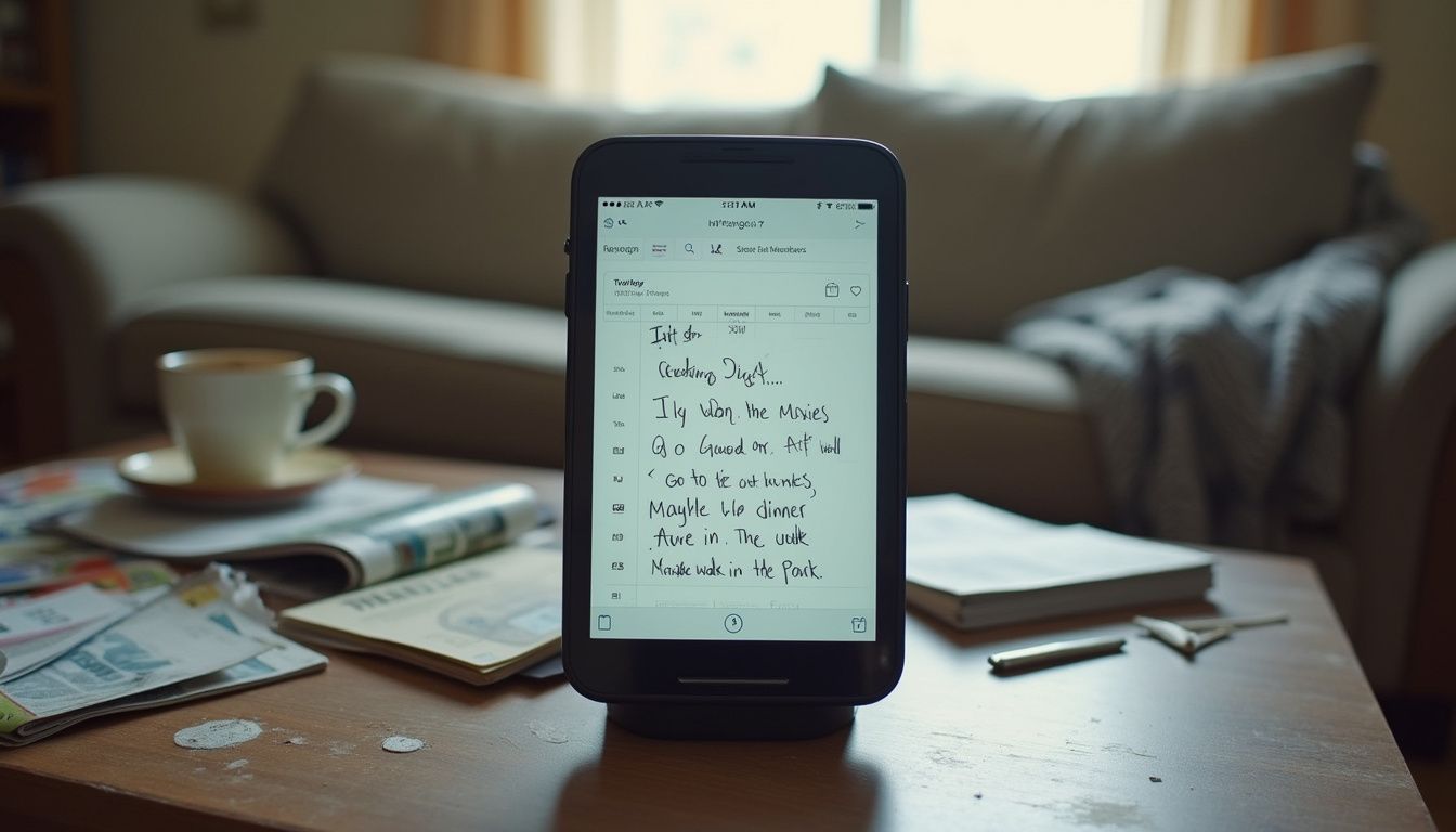 A smartphone displaying handwritten notes on the screen, placed on a wooden table next to a cup of coffee, magazines, and pens, in a comfortable living room setting.