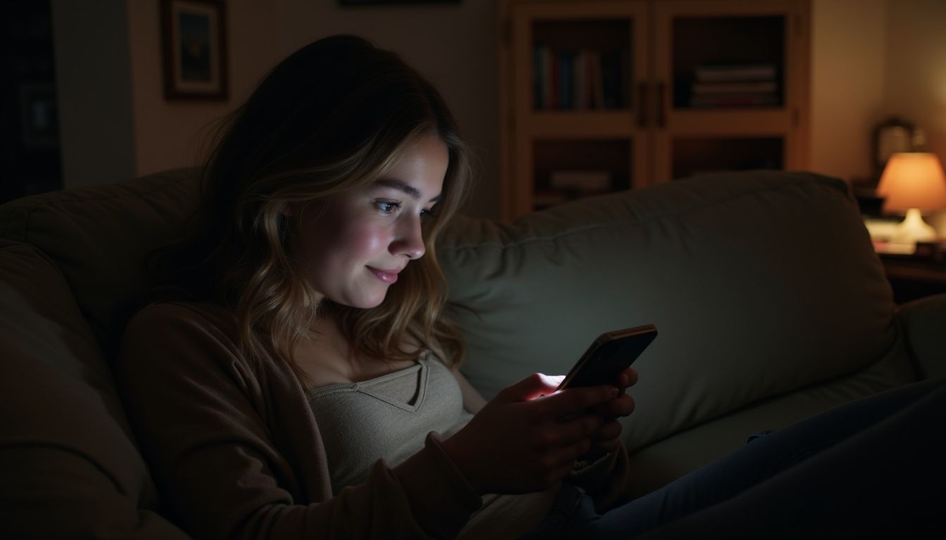 Young woman smiling while browsing phone at night.