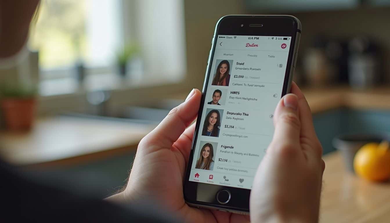 Close-up of a person holding a smartphone displaying a dating app profile with photos and details of matches, in a bright kitchen setting.
