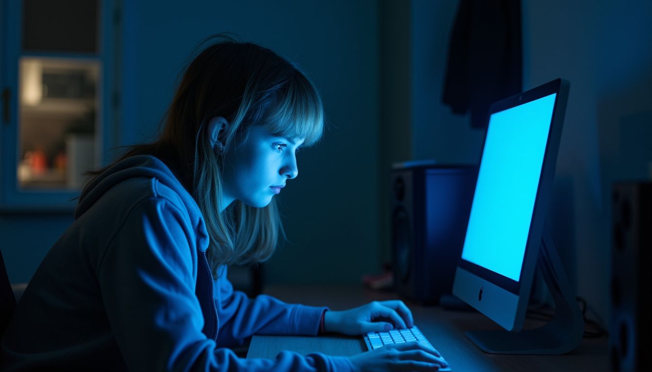 A young woman working on a desktop computer in a dimly lit room, illuminated by the screen, emphasizing concentration and digital activity.