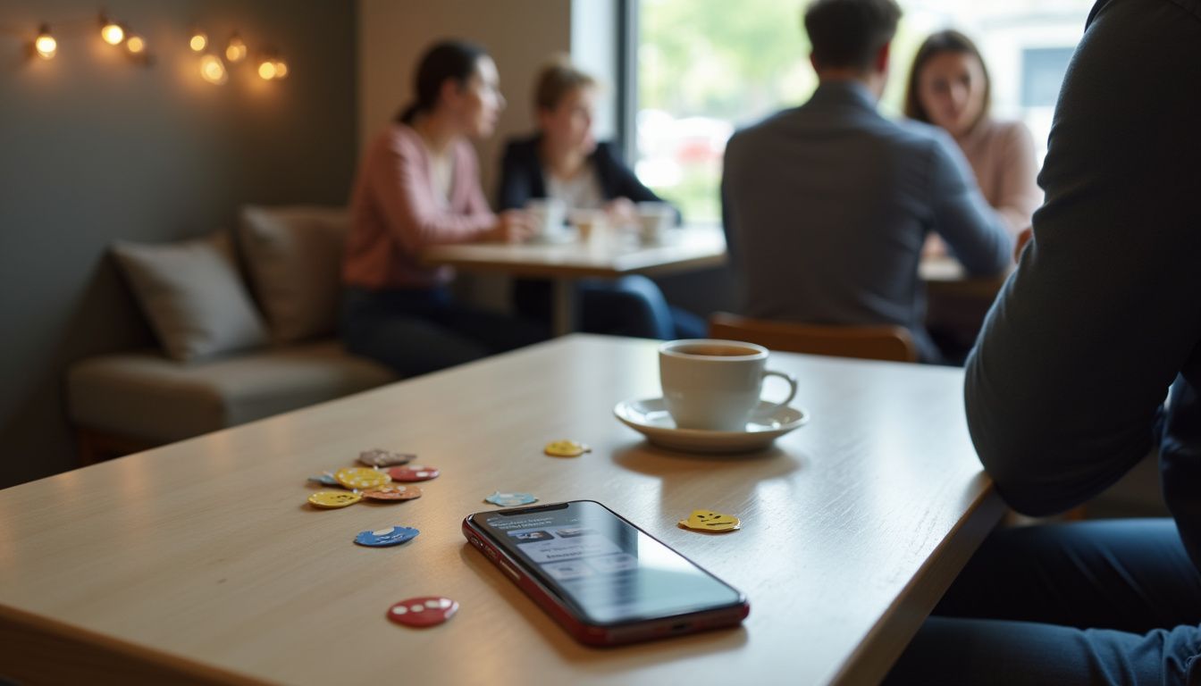 A cozy cafe scene with people engaging in conversation, a cup of coffee, a smartphone, and playful game pieces on a wooden table.
