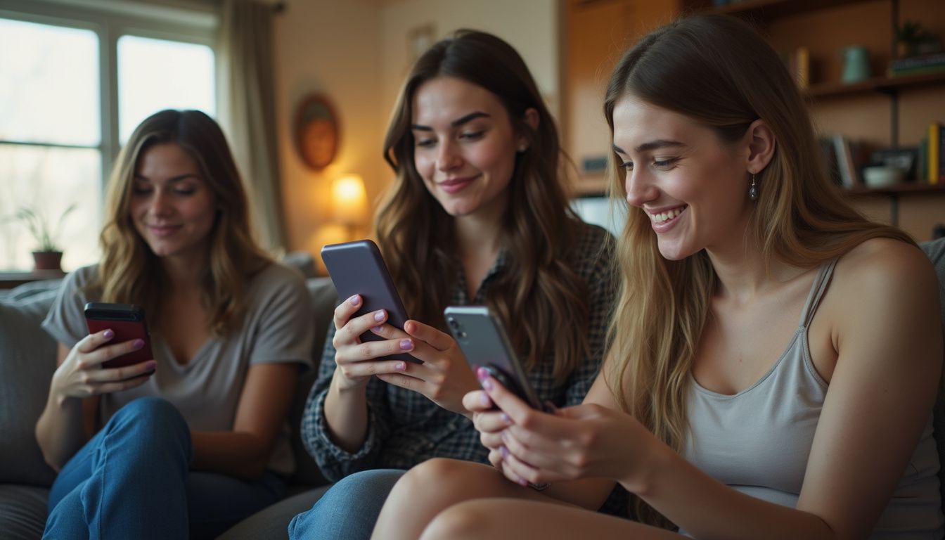 A group of young adults casually discusses dating apps in a relaxed, lived-in living room.