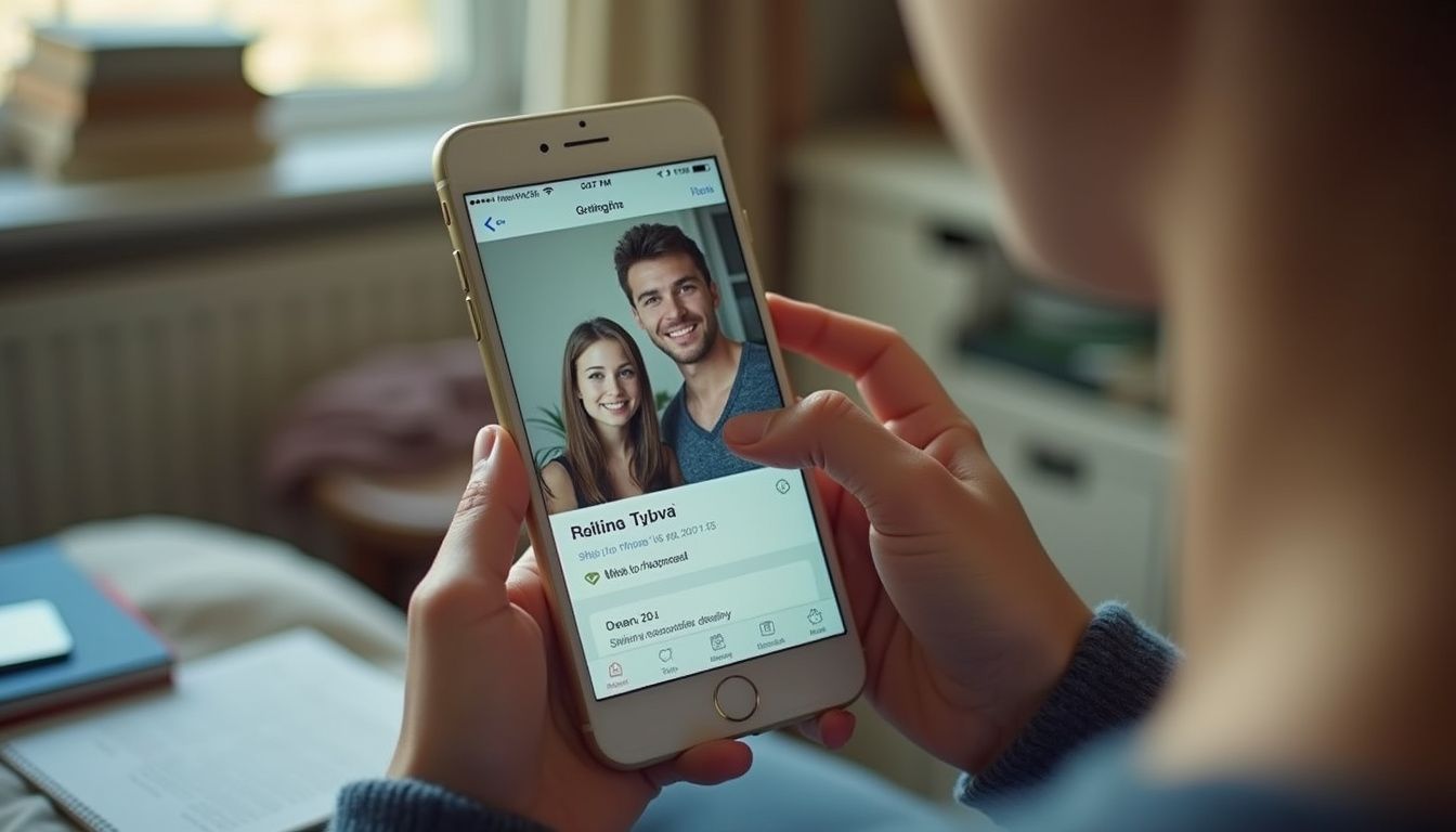 Young woman taking a photo or checking a dating app gallery on her smartphone, focused on her screen, with a cozy home background, highlighting modern technology, social media, and communication.