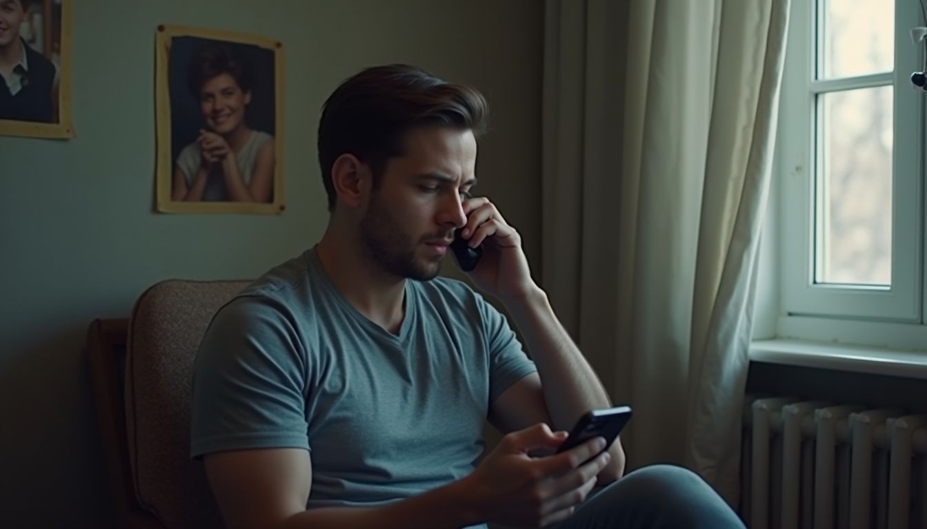 A young man with a phone engaged in a phone call while sitting on a chair at home.