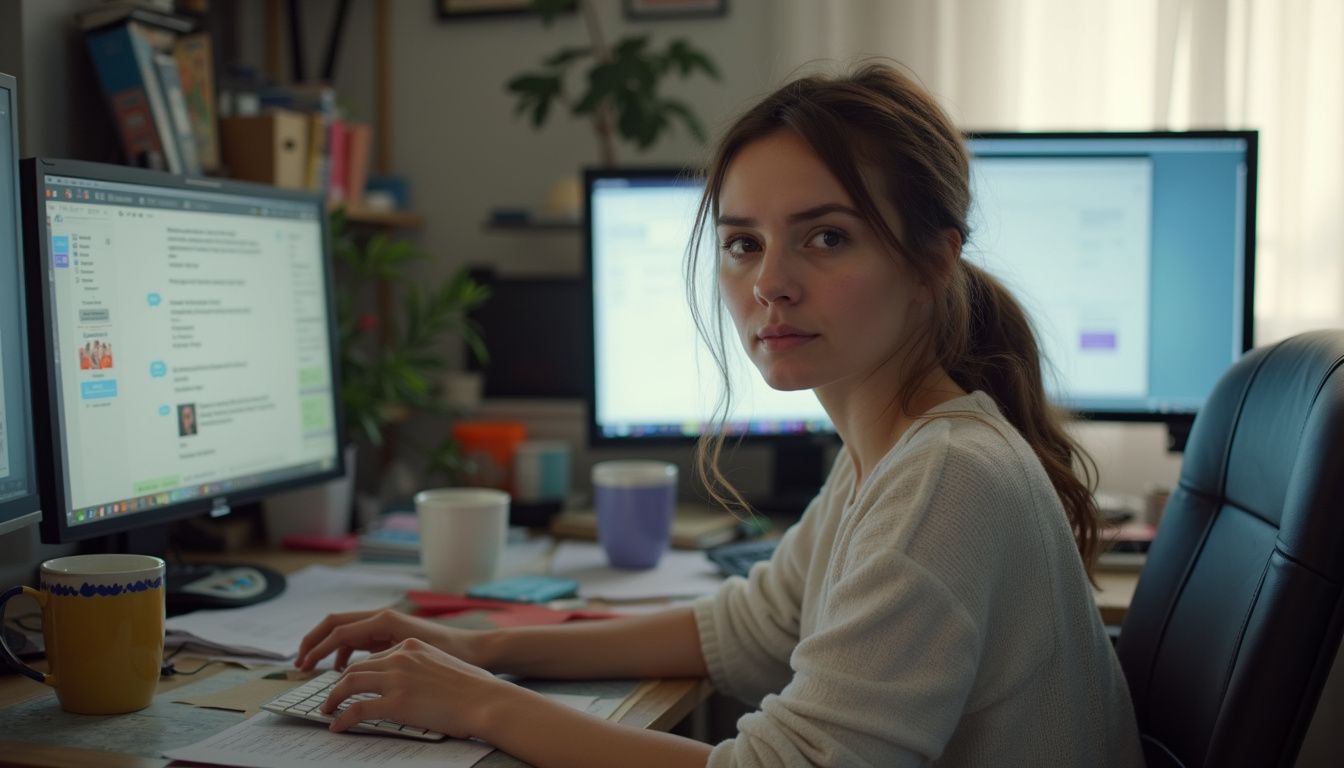 Young woman working at computer desk with multiple screens, coffee mugs, and office supplies.