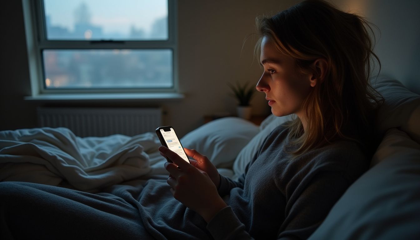 Woman relaxing in bed at dusk, scrolling through messages on her smartphone, emphasizing modern technology and digital connectivity.
