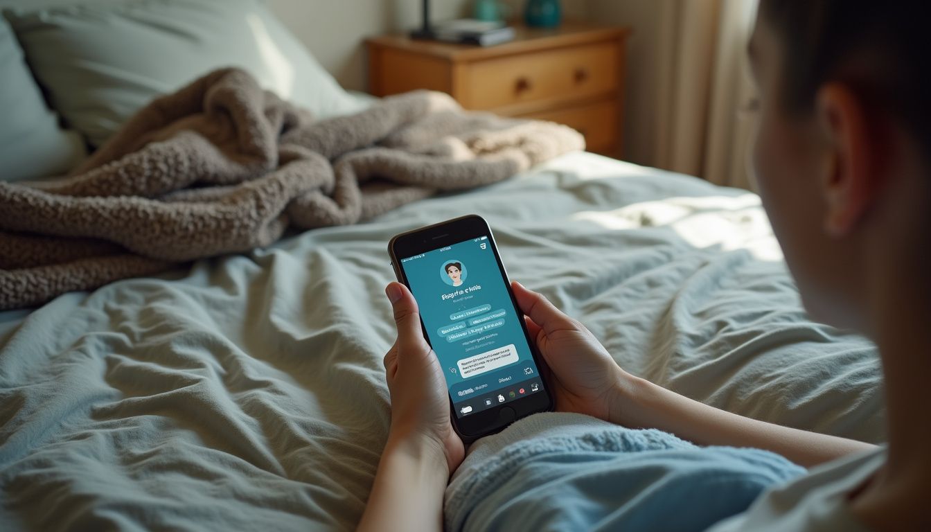 Woman holding smartphone with chat screen open, lying comfortably on bed in cozy bedroom.