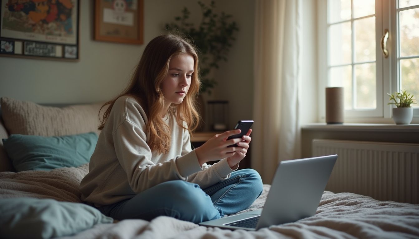 Close-up of a young woman sitting on bed, looking at her smartphone while a laptop is open next to her in a well-lit bedroom.