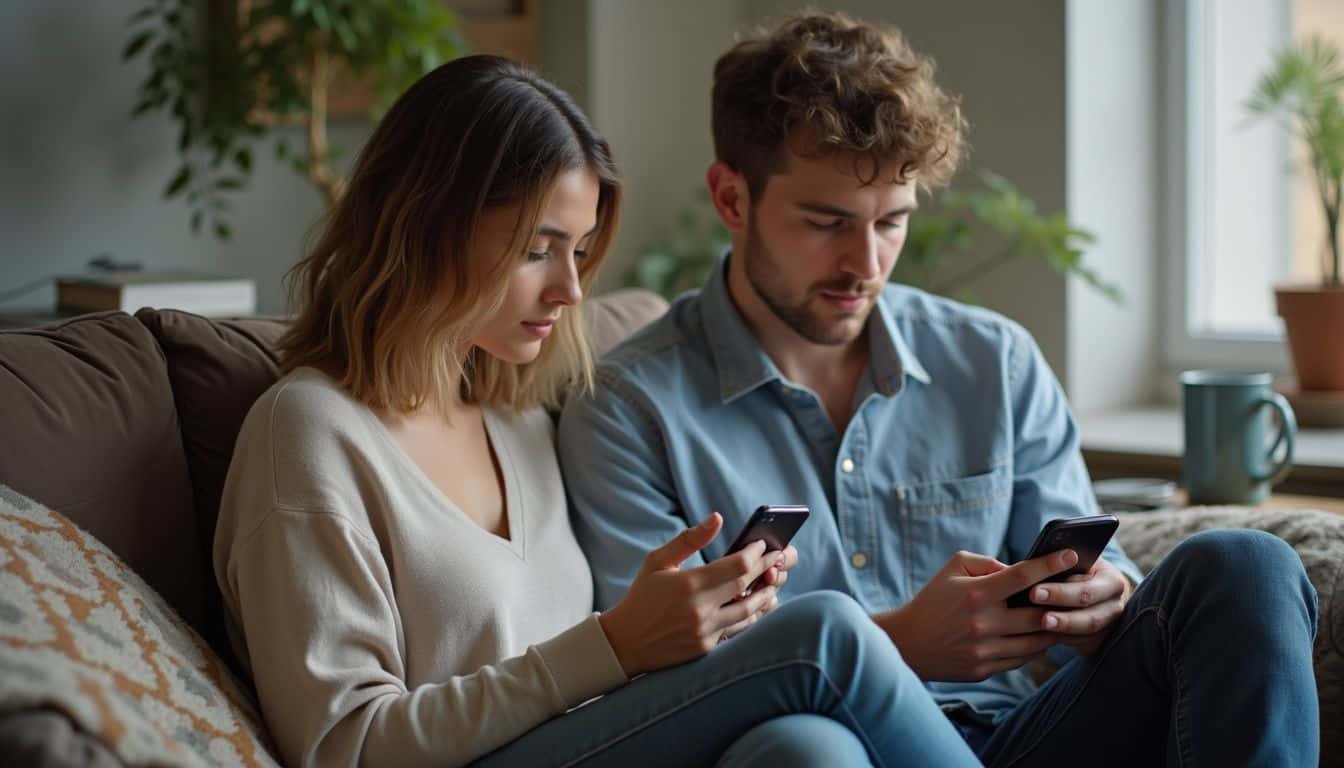 Smartphone addiction, social media, technology, young adults, casual lifestyle, modern living, teens with devices, intimate moment, digital devices, social interaction.