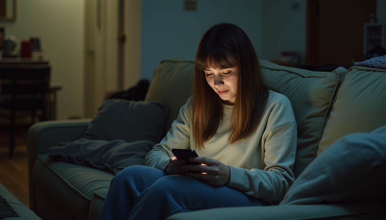 Young woman browsing on mobile device while sitting on a sofa in a cozy, dimly-lit living room setting.